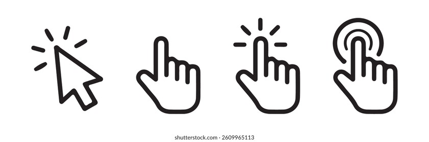 Hand cursors icons click set. Pointer cursor сomputer mouse icon. Clicking cursor, pointing hand clicks icons.  Vector Illustration Eps 10