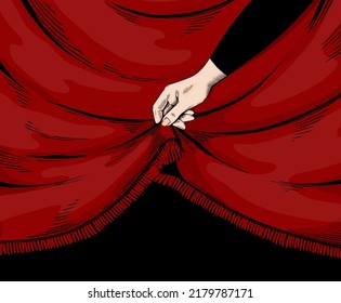 Hand with curtain edge. Woman holding red frame. Arm opening velvet drapery. Theater stage drape. Scarlet cloth with pleats and fringe. Performance premiere. Vector illustration concept