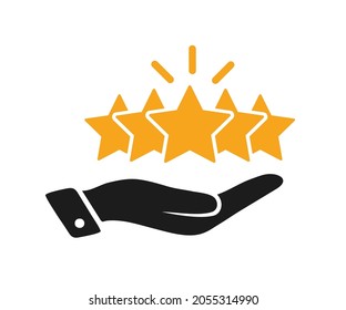 Hand of customer or client holding the stars to complete five stars, service rating, satisfaction concept, giving a five star rating icon - stock vector