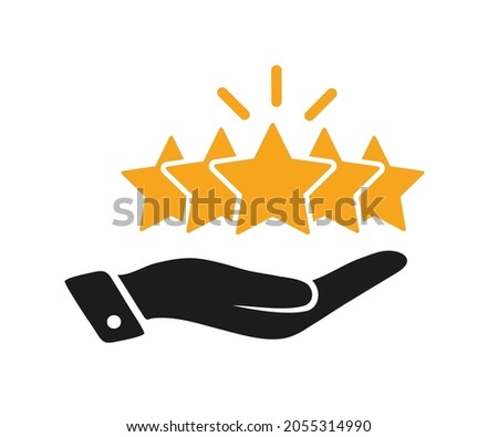 Hand of customer or client holding the stars to complete five stars, service rating, satisfaction concept, giving a five star rating icon - stock vector