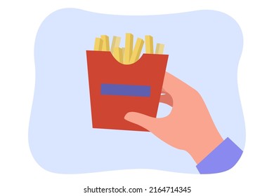 Hand of customer holding box with French fries. Person with unhealthy potato snack in cafe flat vector illustration. Fast food, diet, lifestyle concept for banner, website design or landing web page