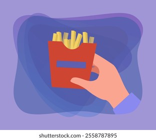 Hand of customer holding box with French fries. Person with unhealthy potato snack in cafe flat vector illustration. Fast food, diet, lifestyle concept for banner, website design or landing web page