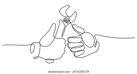 hand of customer with maintenance service trusting one line drawing. right hand holding wrench mechanic with confidence thumb up