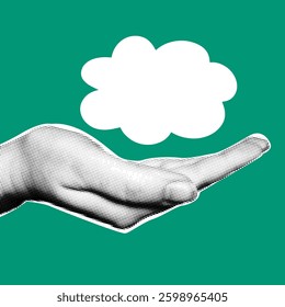 Hand cut out of paper in halftone effect and speech bubble on a green eco-friendly background.
