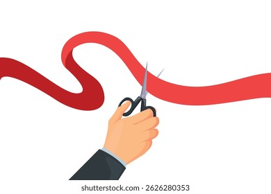 Hand cut red ribbon. Grand opening concept, boss hands with scissors cutting ribbon business launch startup businessman new project event celebration cartoon vector illustration original artwork