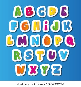 Hand cut vector cartoon alphabet color sticker set. Chubby brightly colored letters on blue background. Good for scrap booking, school projects, posters, textiles.
