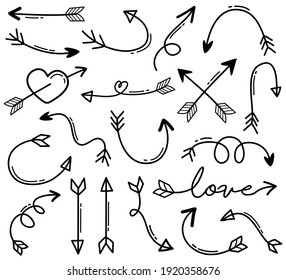 hand cute drawing of Grunge Sketch Handmade. ink Arrow Set.