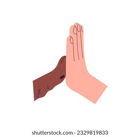 Hand and cute feline paw giving high five. Greeting and support gesture of human and cat pet. Person and animal friends, friendship concept. Flat vector illustration isolated on white background