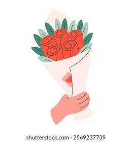 Hand with cute flower bouquet with card. Perfect for celebration Valentine Day, love couple, romantic gift. Vector illustration in flat style