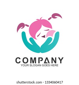 hand with cute girl logo design, kids love and care, caring icon, charity symbol, adoption and healthy kids vector, parenting