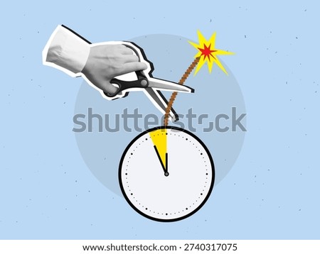 A hand cuts the burning fuse of a wall clock bomb. Modern collage style. Vector illustration