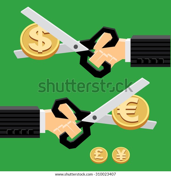 Hand cuts coin with scissors. Vector\
illustration for down cost and\
inflation/