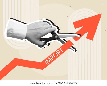 A hand cuts a red growth arrow with text Import with scissors. Modern photo collage style. Vector illustration