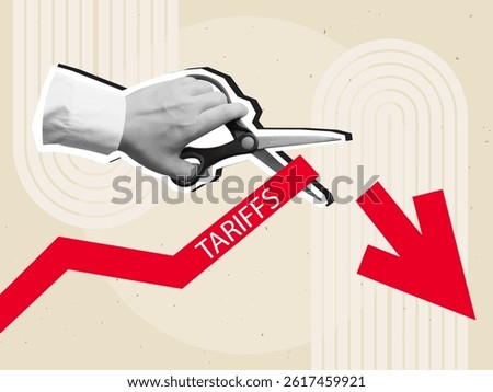 A hand cuts a red growth arrow with text Tariffs with scissors. Modern photo collage style. Vector illustration