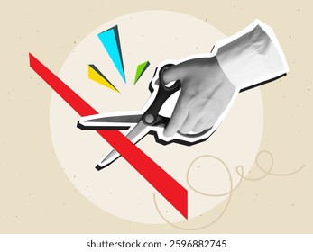 A hand cuts a red ribbon with scissors. Modern photo collage style. Vector illustration
