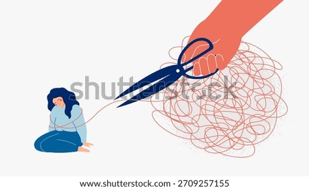 hand cuts the thread that connects woman with problems. Psychological help for people suffering from depression. Release and free from troubles.Break toxic links and relationships. vector illustration