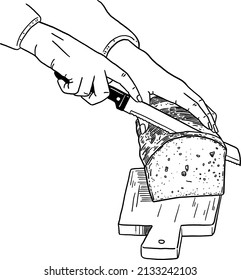 Hand Schneiden Brot Loaf Menschen Lifestyle Handgezeichnete Linie Kunst Illustration	