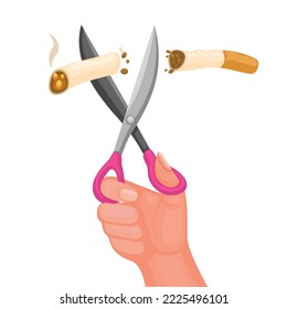 Hand cutting cigarette using scissor symbol for stop smoking cartoon illustration vector