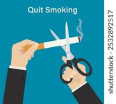 Hand cutting cigarette using scissors. Symbol for stop smoking. Tobacco abuse, no smoking concept. Reject cigarettes offer. Guy overcome nicotine addiction and quit smoking. flat vector illustration