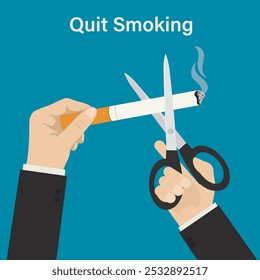 Hand cutting cigarette using scissors. Symbol for stop smoking. Tobacco abuse, no smoking concept. Reject cigarettes offer. Guy overcome nicotine addiction and quit smoking. flat vector illustration