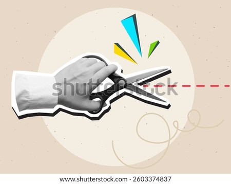 Hand cutting dotted red line with scissors. Modern photo collage style. Vector illustration