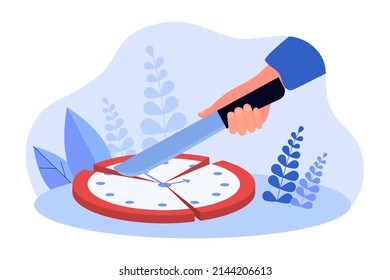 Hand cutting face of clock with knife. Productive office person planning work schedule flat vector illustration. Time management, organization concept for banner, website design or landing web page