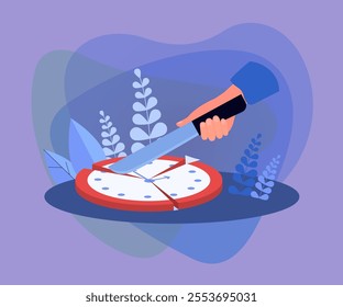 Hand cutting face of clock with knife. Productive office person planning work schedule flat vector illustration. Time management, organization concept for banner, website design or landing web page