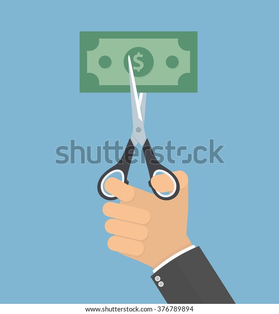 Hand cutting money bill in half with\
scissors. Reducing cost concept. Flat\
design