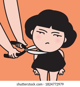 Someone’s Hand Cutting Off Girl’s Grumpy Head With Scissor Concept Card Character illustration
