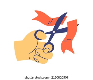 Hand cutting red ribbon with scissors icon. Festive ceremony with traditional tape, opening new event. Starting, launching project concept. Flat vector illustration isolated on white background