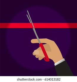 Hand cutting red ribbon with scissors in spot light. Stock vector illustration for ceremony, event opening, presentation in flat style.
