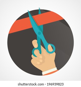 Hand cutting ribbon with scissors. Flat style.