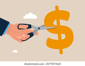 Hand cutting scissors to cut dollar sign. Cost reduction or cut price. Crisis. Flat vector illustration.