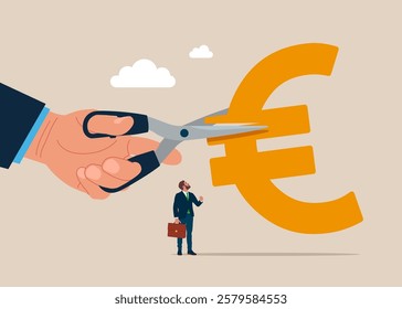 Hand cutting scissors to cut euro sign. Cost reduction or cut price. Flat vector illustration.
