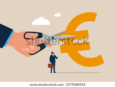 Hand cutting scissors to cut euro sign. Cost reduction or cut price. Flat vector illustration.