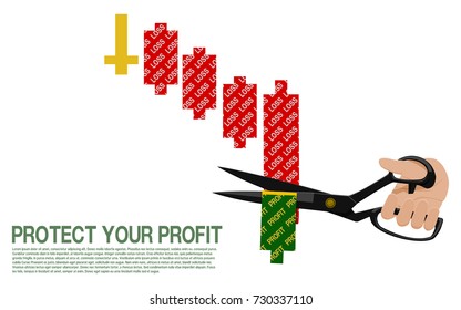 hand is cutting the stock chart with the scissors
