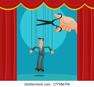 Hand cutting the strings of a puppet businessman