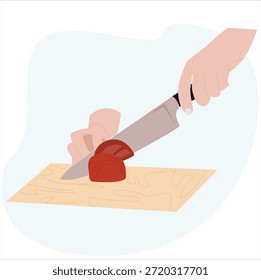 handgeschnittene Tomaten. Hand schneiden Tomaten Gemüse mit Küchenmesser