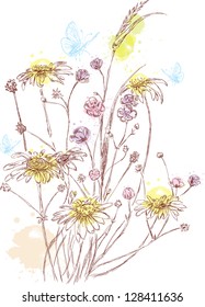hand darawn bouquet of field flowers with colorful splashes