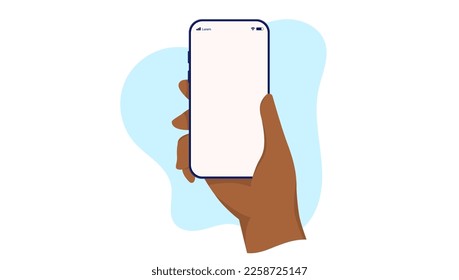 Hand with dark skin holding mobile phone with empty screen. Vector mockup with white background