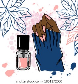 Mano de una mujer de piel oscura con una hermosa manicura, dedos con esmalte de uñas pintado de rosa, una botella de esmalte de uñas rosado, ilustración vectorial.