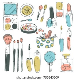 Hand darwn vector cosmetic set. Cosmetic tools and products, perfume, lipstick, brushes, powder, blush, eye shadow, lip gloss nail polish Pastel colors