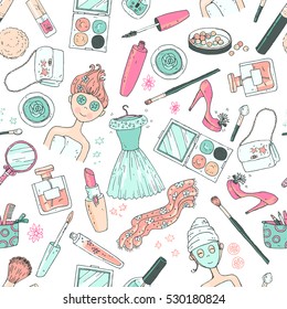 Hand darwn vector seamless pattern time for a date . Cosmetic tools and products, perfume, lipstick, powder, blush, eye shadow, lip gloss, nail polish shoes, dress, girl with the face care mask.