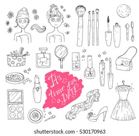 Hand darwn vector set time for a date . Cosmetic tools and products, perfume, lipstick, powder, blush, eye shadow, lip gloss, nail polish shoes, dress, girl with the face care mask. Pastel colors.