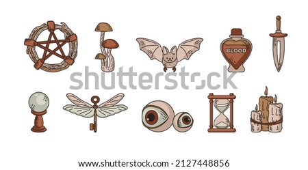 
Hand darwn vector witchcraft clipart. Graphic line work of magical tools set. Mystical elements set.  Isolated vector witchcraft icons.
