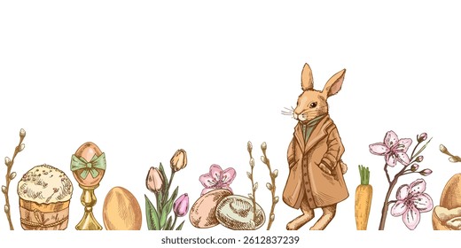 Hand darwn Vintage Easter border with elegant rabbit in coat, eggs, willow branches, flowers, and festive holiday elements