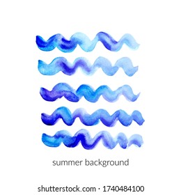 Hand darwn watercolor sea waves in blue colors. Summer vacation card background.