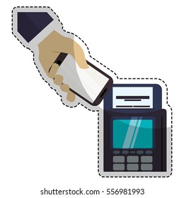hand and dataphone device icon over white background. mobile payments concept. colorful design. vector illustration
