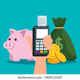 hand with dataphone and invoice with money bag and piggy