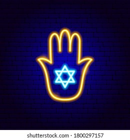 Hand David Star Neon Sign. Vector Illustration of Jewish Promotion.